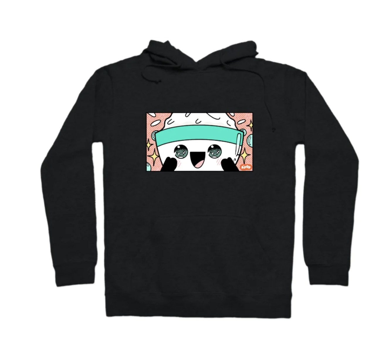 the black pullover hoodie with smiley ricebowl design