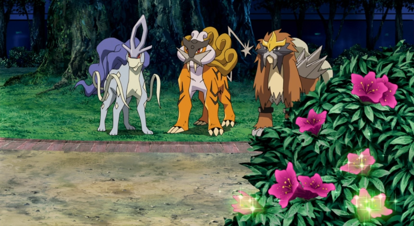 From left to right: shiny Suicune, Raikou, and Entei stand calmly in a garden