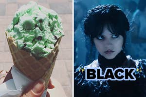 On the left, someone holding a mint chocolate chip ice cream cone, and on the right, Wednesday from Wednesday labeled black