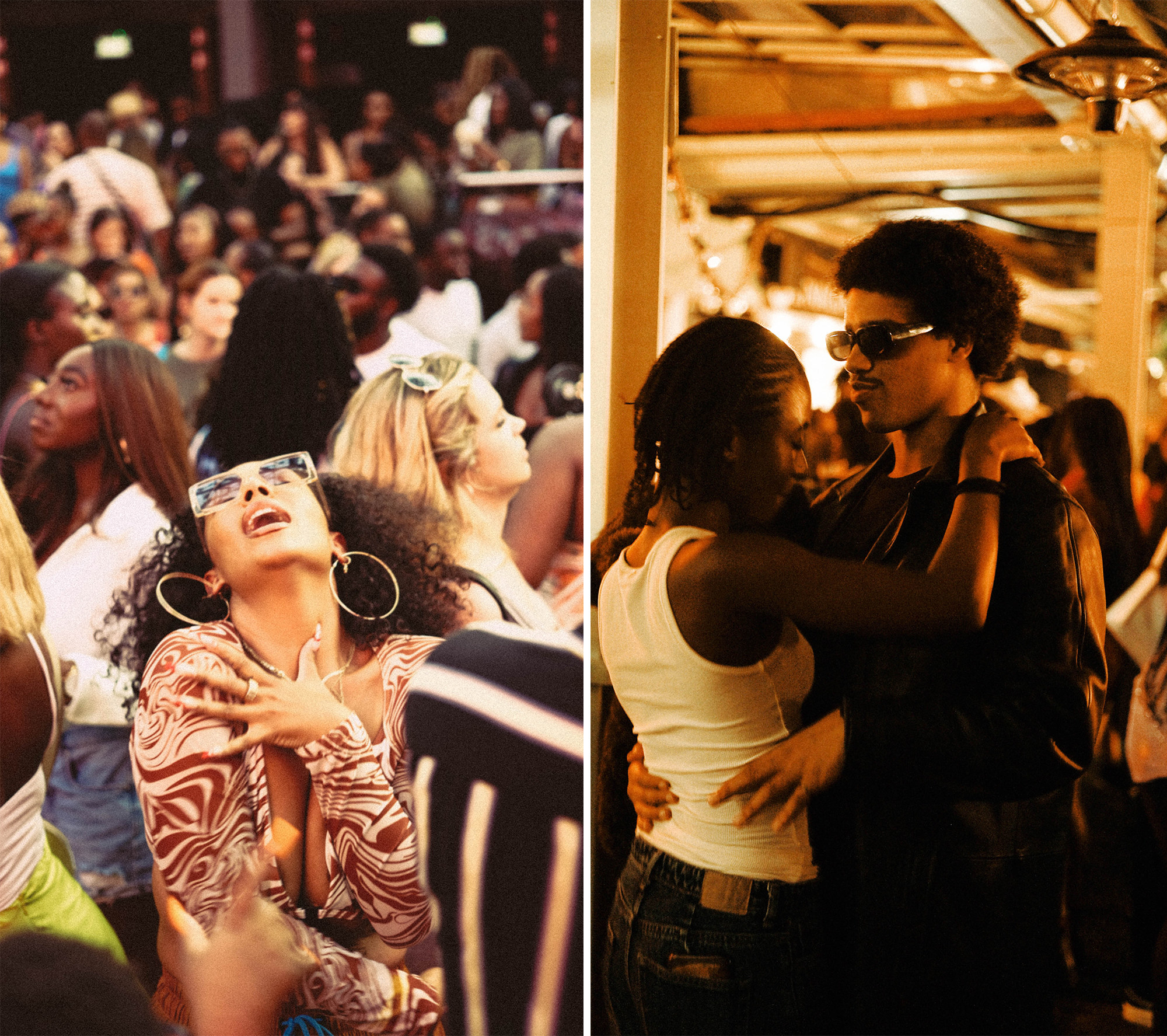 Left: An image of a Black woman dancing in a club, while making a dramatic expression. Right: A Black male/female couple slow dances in a club.