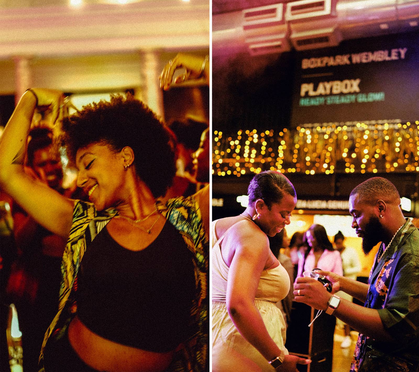 Left: An image of a Black woman smiling while dancing. Right: An image of a Black male/female couple enjoying a club.