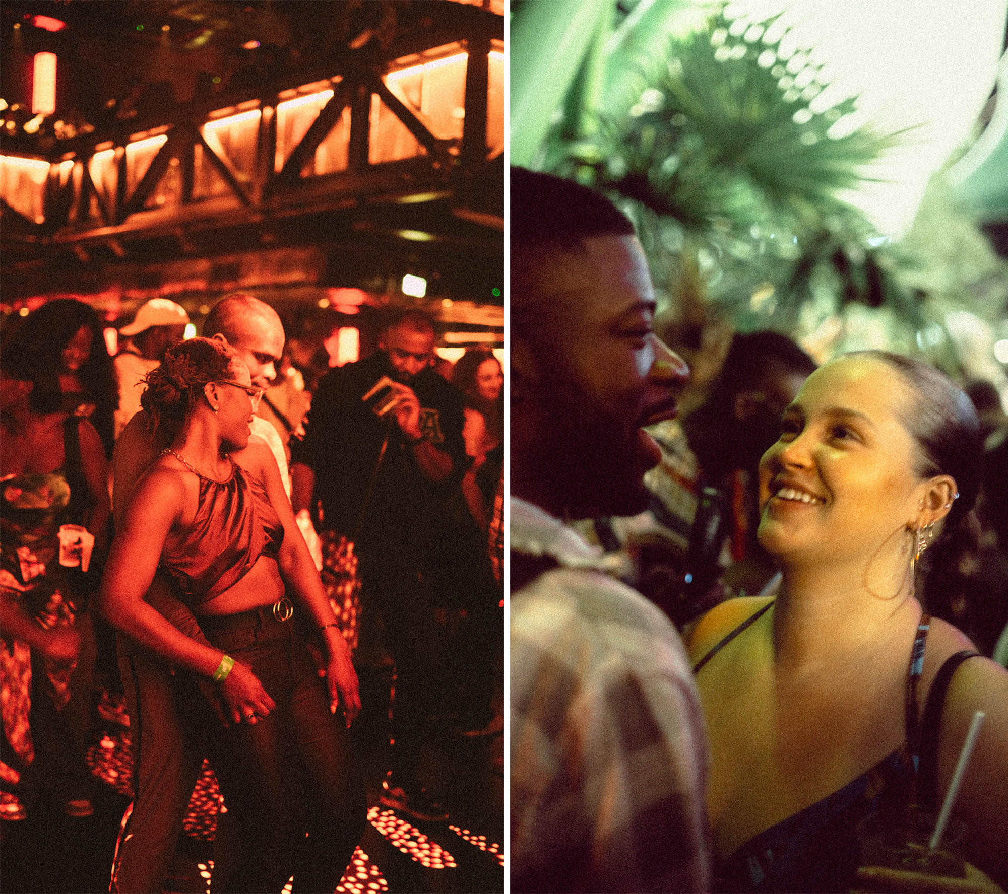 Left: An image of a Black couple dancinig in a club. Right: An image of a Black couple pausing while smiling in a club.