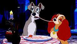 A GIF of Tramp and Lady from Lady and the Tramp sharing a piece of spaghetti at a candlelit dinner