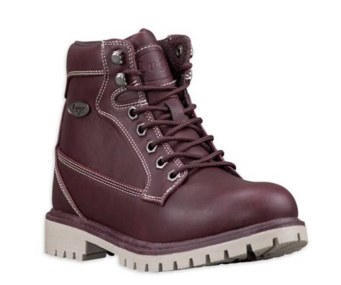 A burgundy- colored lace up boot