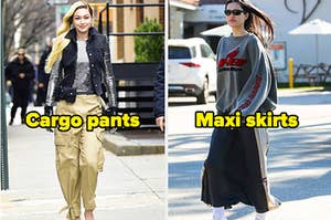 side by side images of women wearing cargo pants and a maxi skirt