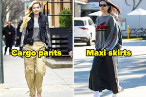 side by side images of women wearing cargo pants and a maxi skirt