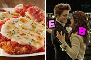 On the left, some Olive Garden chicken parm, and on the right, Bella and Edward from Twilight dancing together with E typed under E's chin and B typed next to Bella