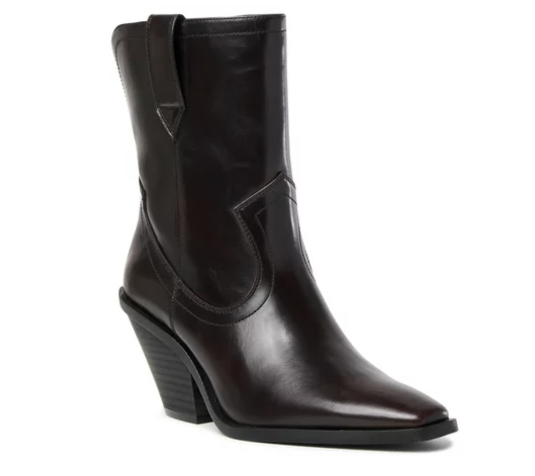 A black boot with a chunky heel