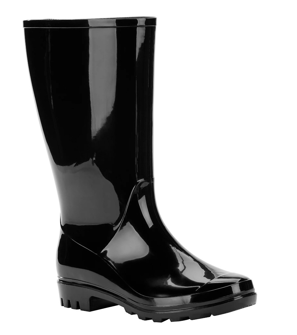 A black shiny rain boot