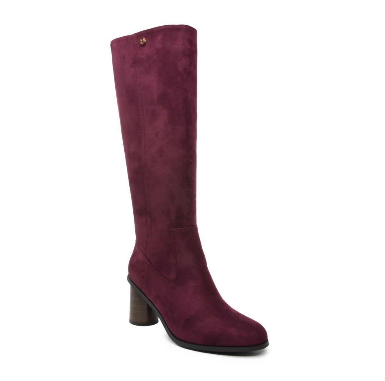 A high heel knee-high burgundy boot