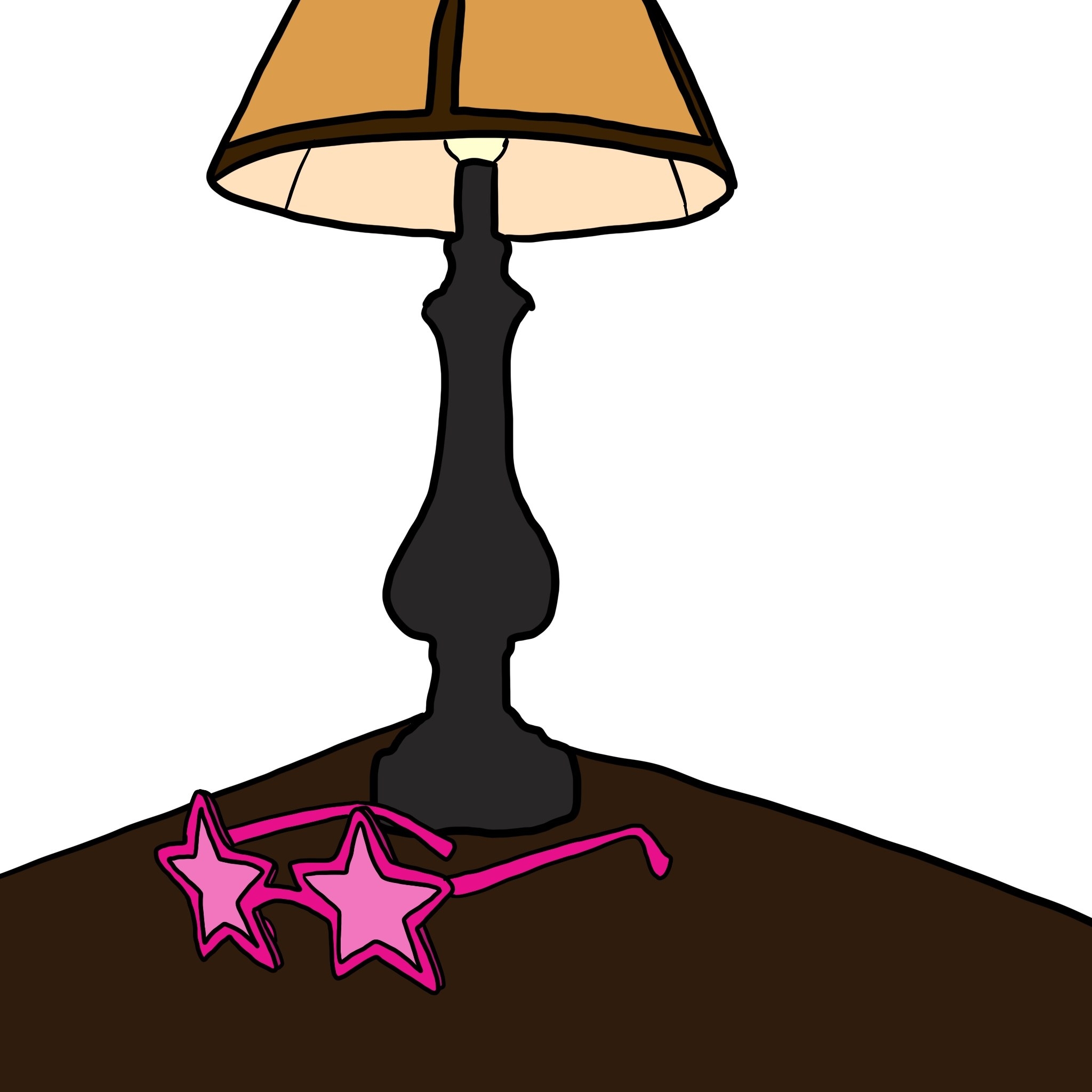 pink star-shaped sunglasses on a nightstand