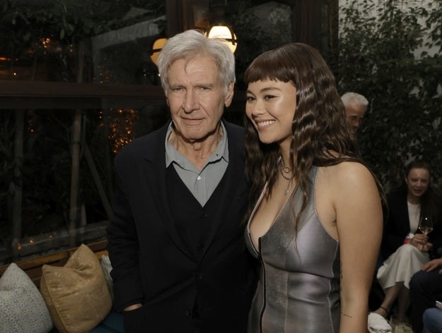 Harrison Ford (L) and Lukita Maxwell pose at the after party for the premiere of Apple TV+&#x27;s &quot;Shrinking&quot; at Ceccone&#x27;s on January 26, 2023 in West Hollywood, California