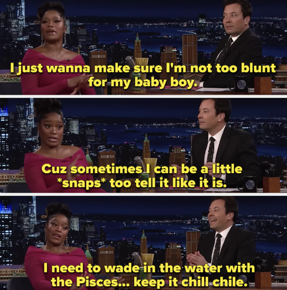 Keke Palmer joking about astrology with Jimmy Fallon and how she doesn&#x27;t wanna be too blunt for her son