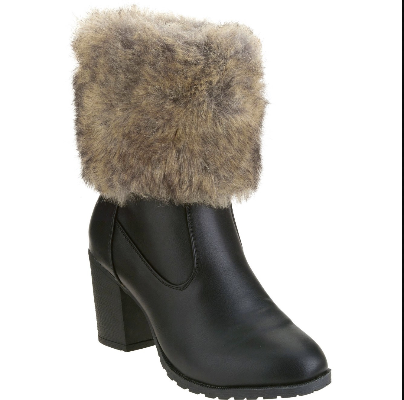 A black heeled boot with brown fur lining