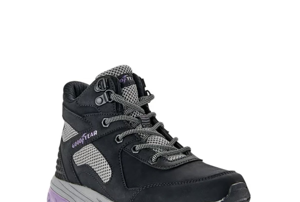 A black hiker/ worker boot with purple and grey details