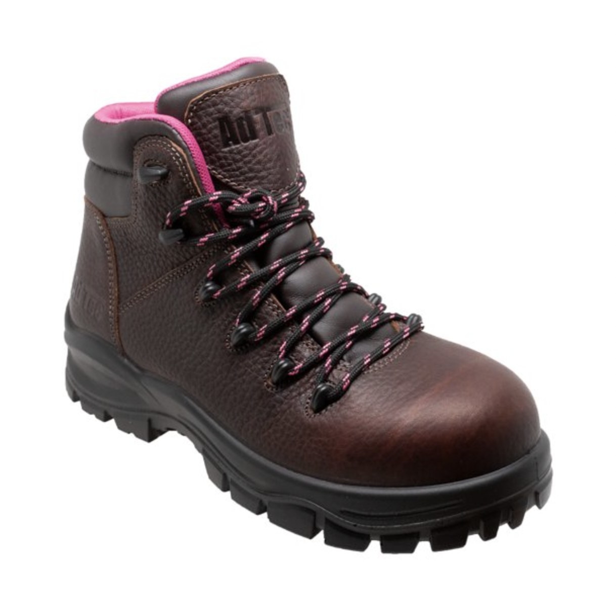 a dark brown work boot lined with pink fabric