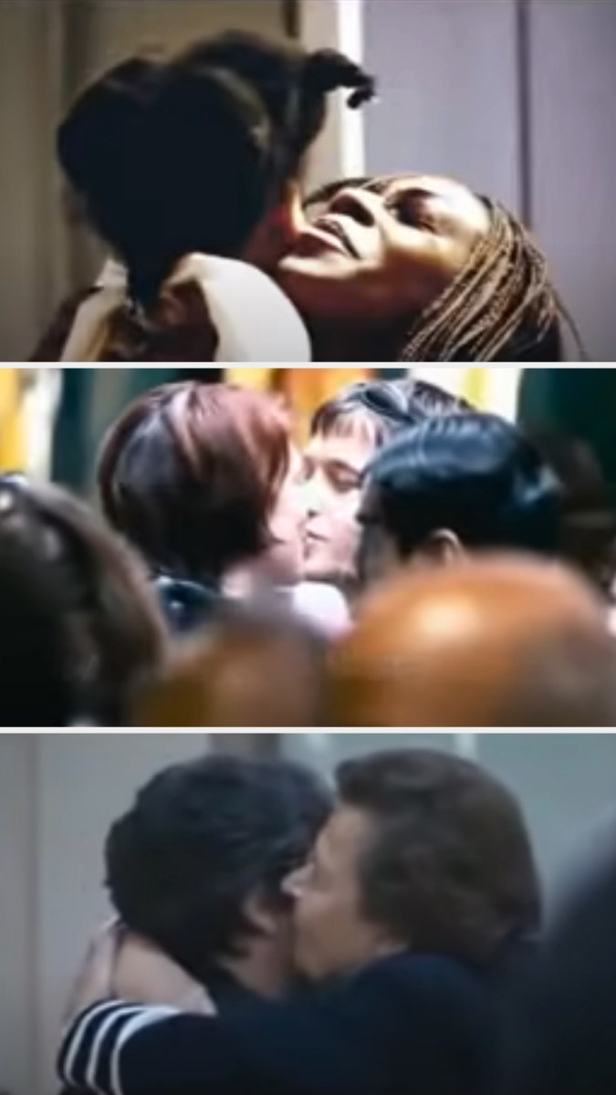 Close-ups of people hugging and kissing