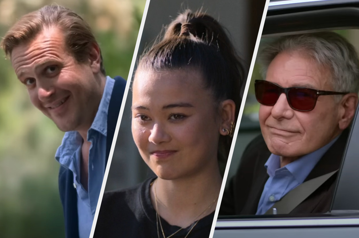 Jason Segel as Jimmy smiles, Lukita Maxwell as Alice talks to Sean, and Harrison Ford as Paul sits in his car in &quot;Shrinking&quot;