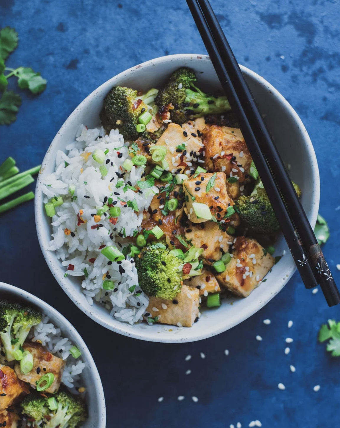 a bowl of rice, broccoli, and tofu
