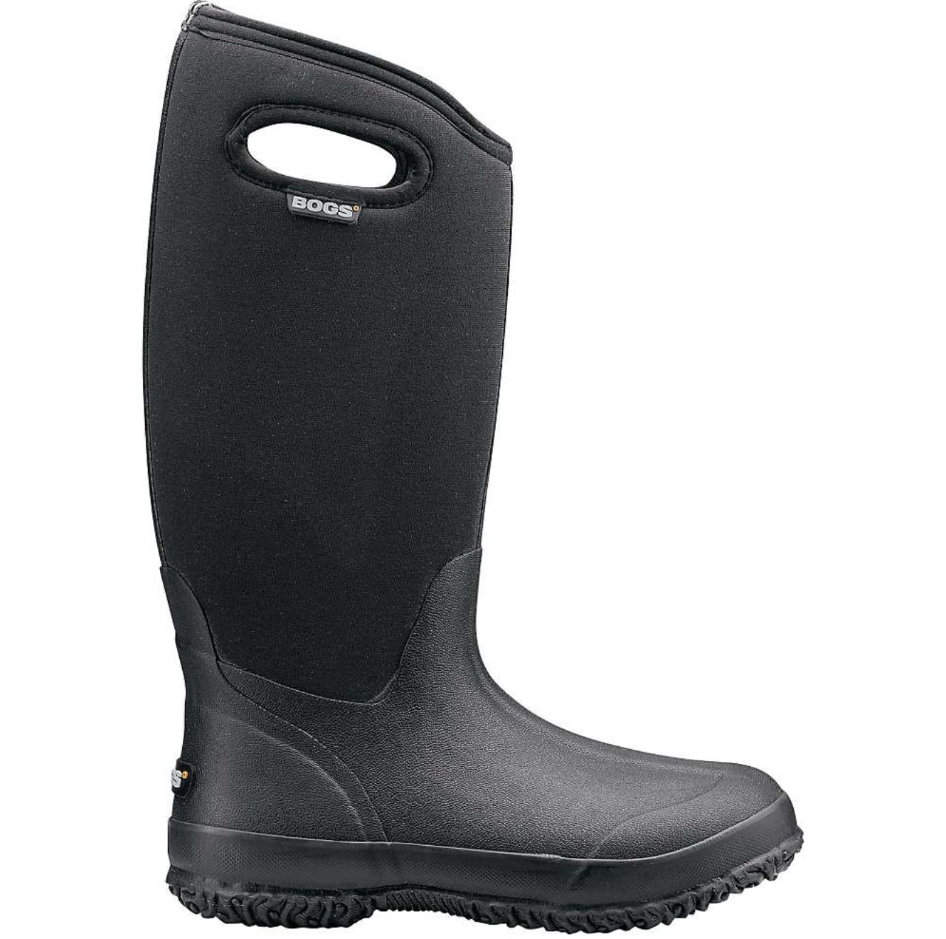 A black boot with handles at the top