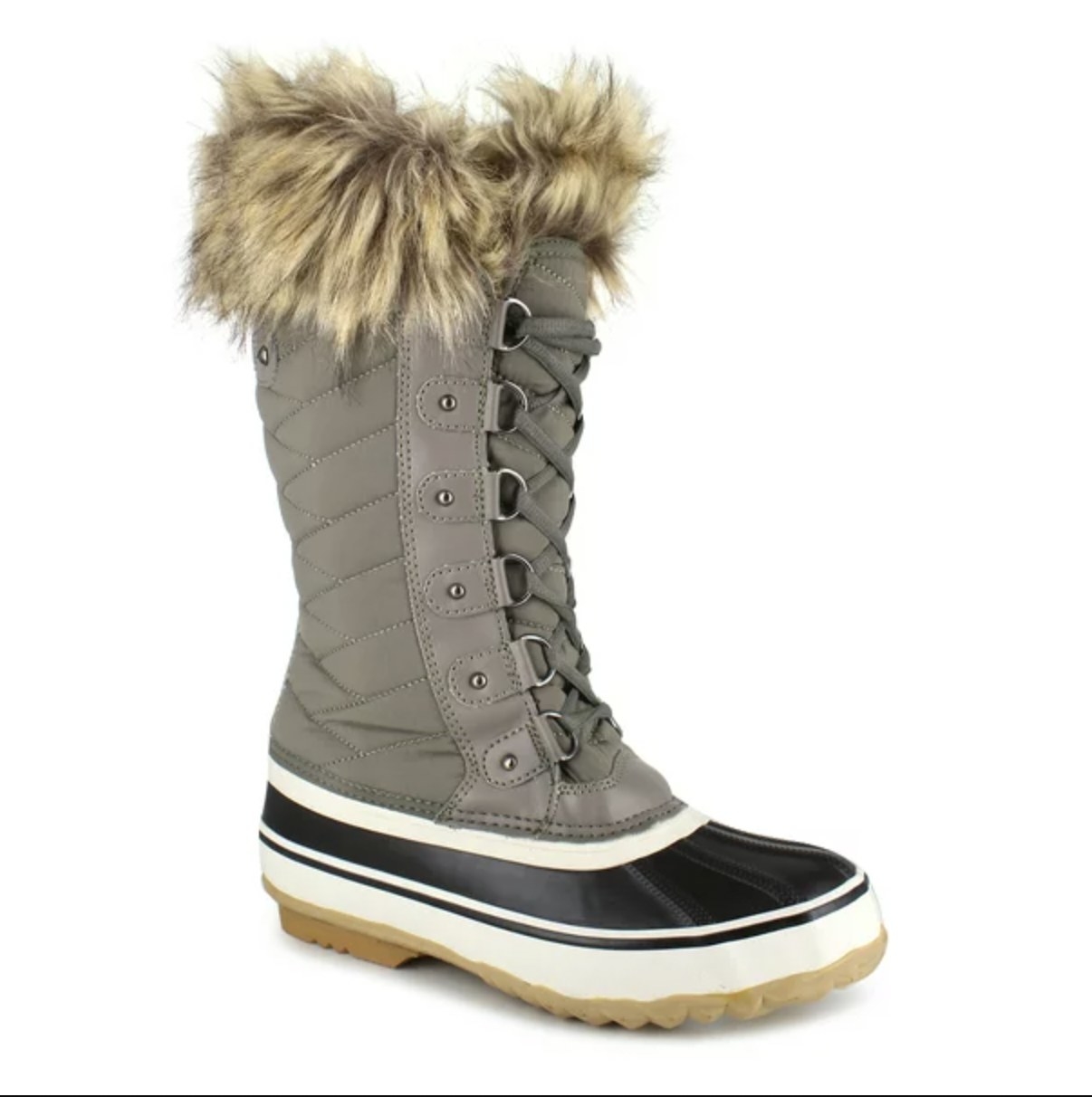 A grey lace up snow boot with a black and white rubber toe