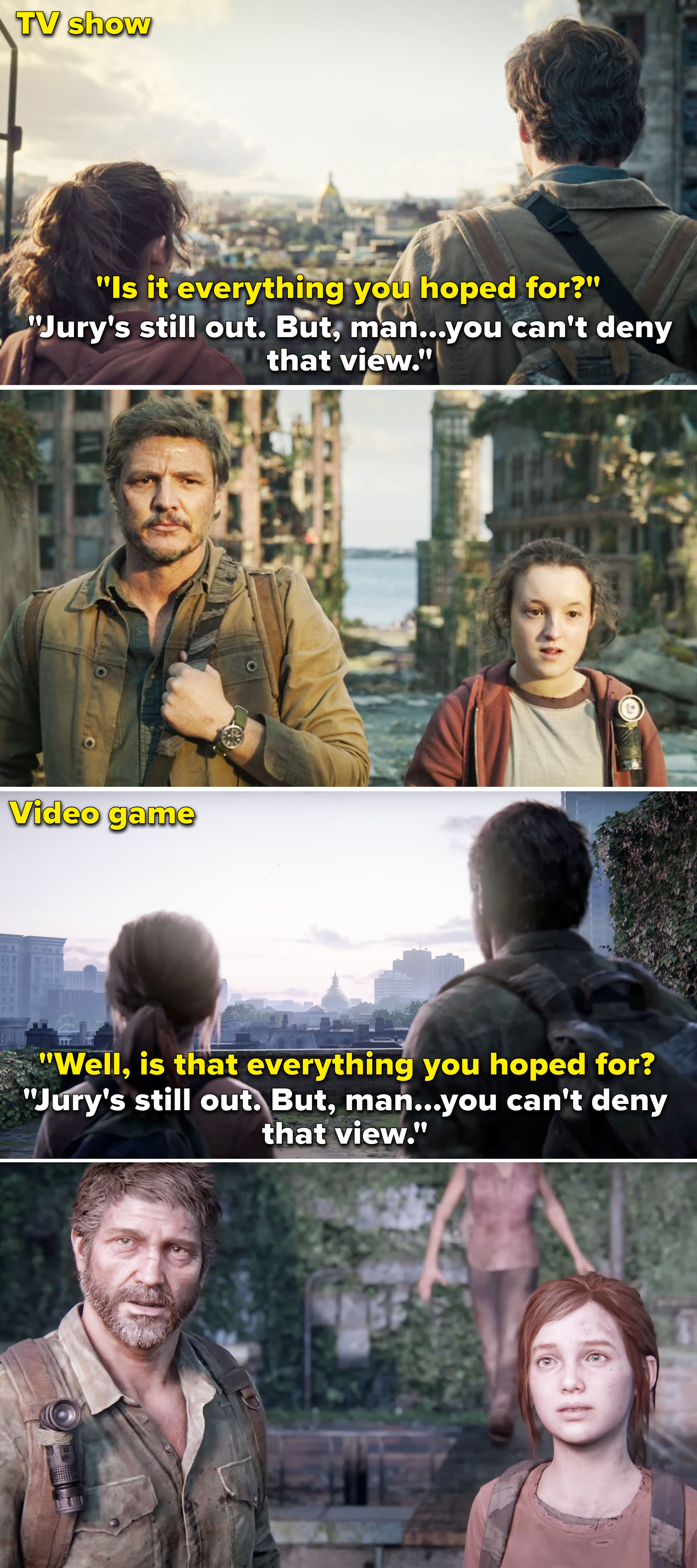Ellie telling Joel, &quot;You can&#x27;t deny that view&quot; in the show vs game