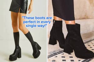 model wearing a pair of Steve Madden platform knee boots / model wearing a pair of black suede platform ankle boots