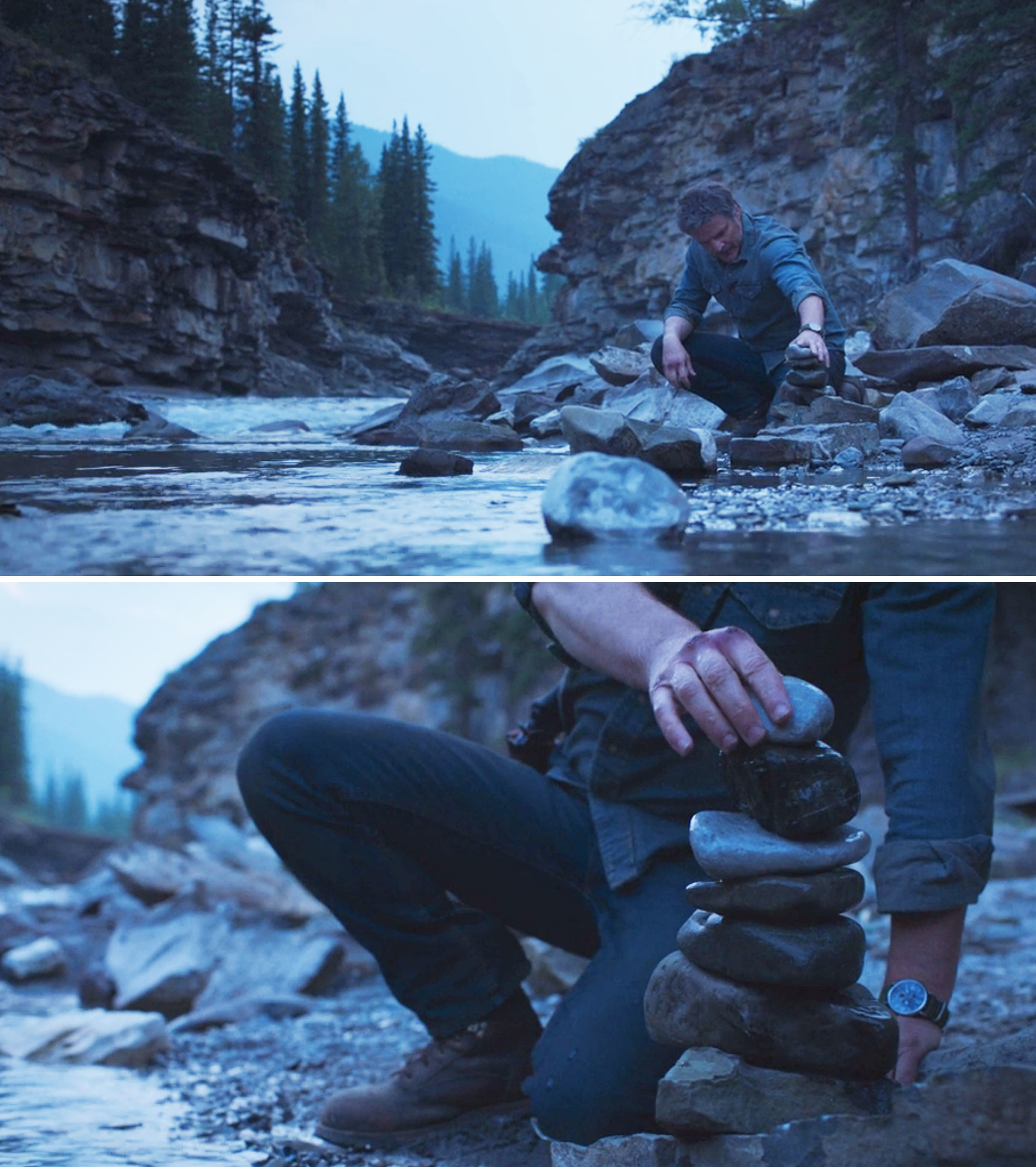 Joel stacking rocks on the bank of a river