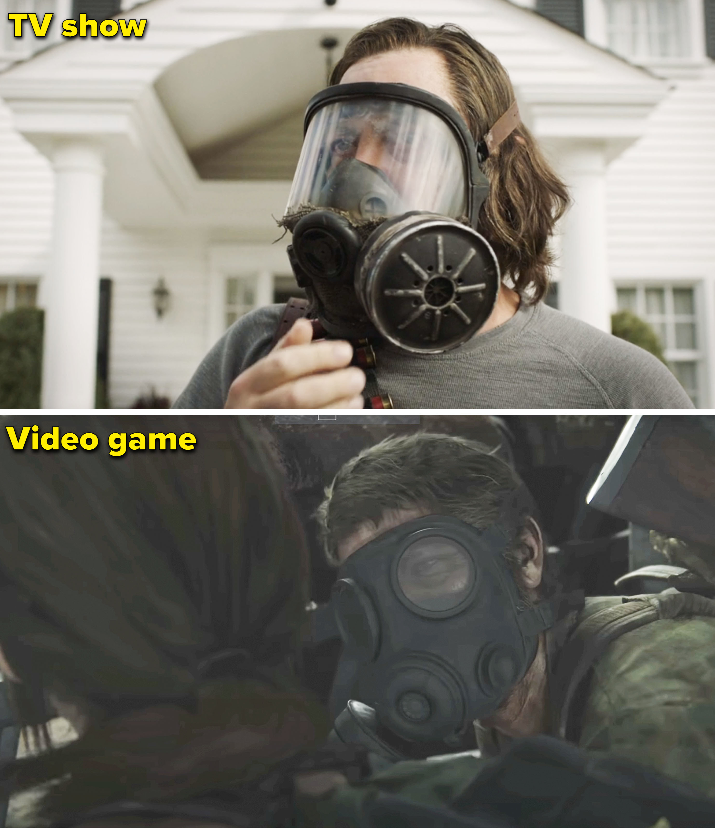 Bill in a gas mask vs Joel in the game