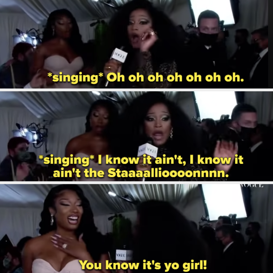 Keke Palmer greeting Megan Thee Stallion on a red carpet by singing &quot;i know it ain&#x27;t, i know it ain&#x27;t the stallion&quot;