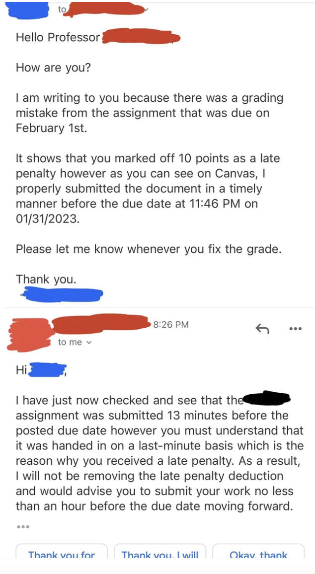 Email exchange between a student and professor