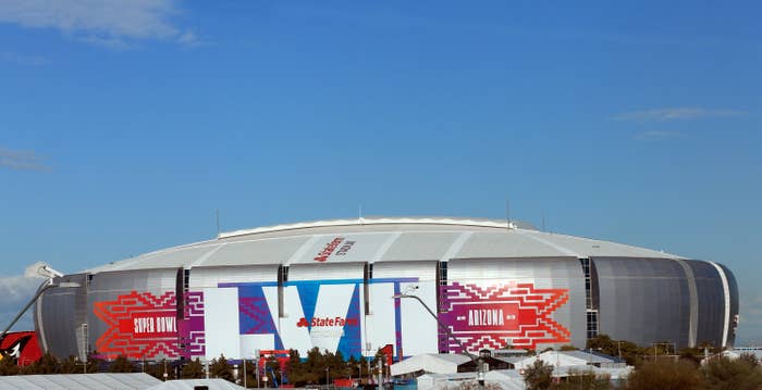 The stadium decked out for the Super Bowl