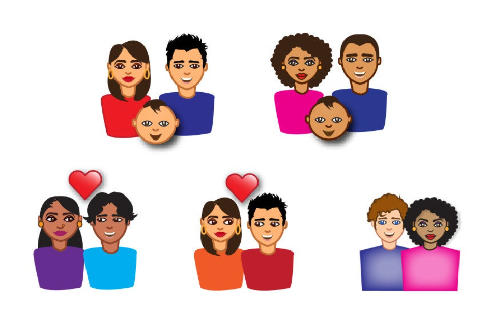 five sets of emoji illustrations of couples