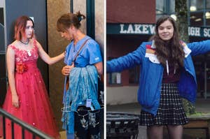 A young woman tries on a prom dress for her disapproving mother / A teenage girl poses in front of her high school