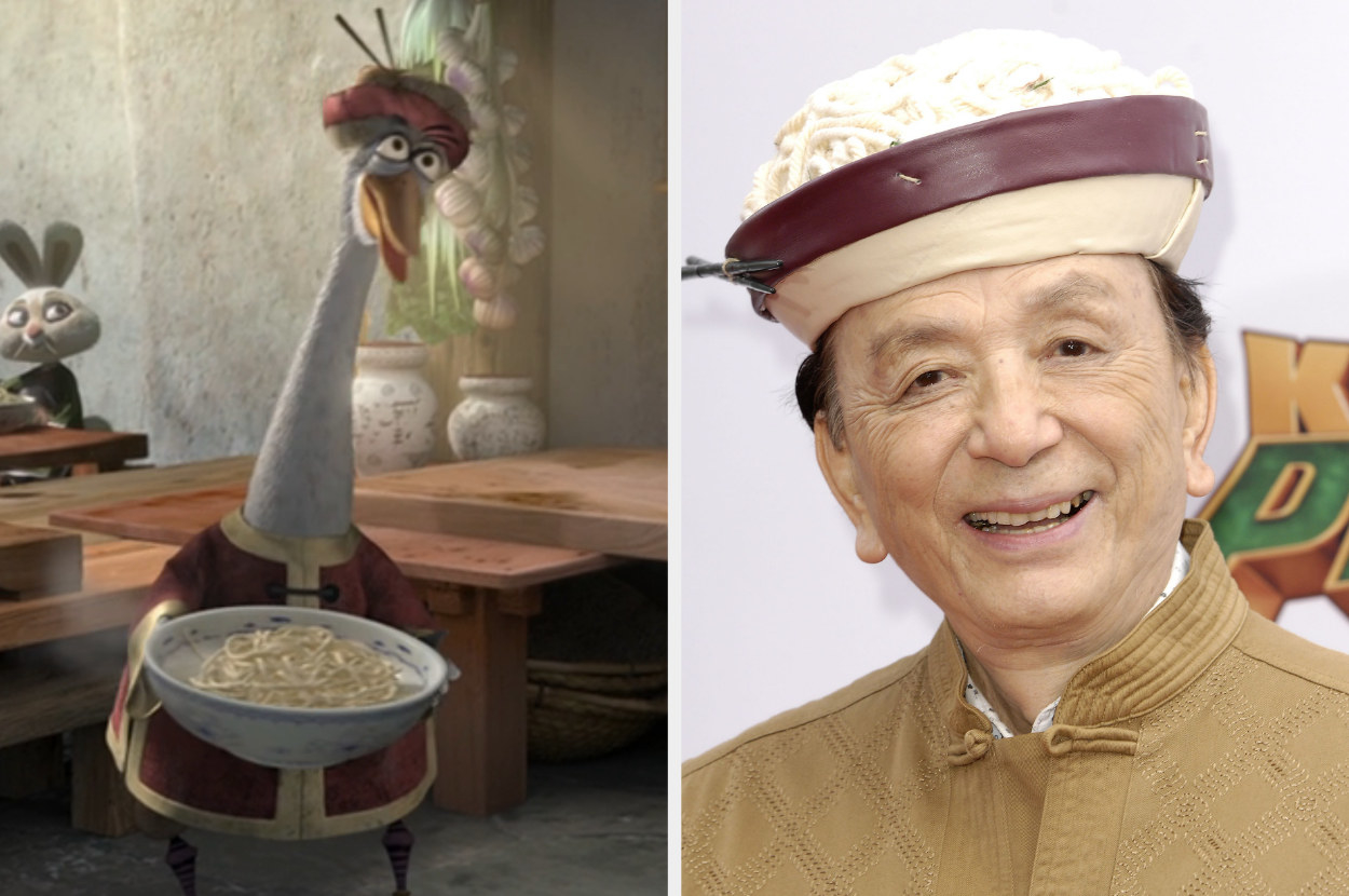 Animated character holding a bowl of noodles and close-up of James Hong