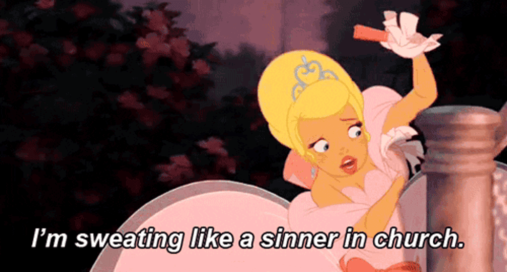 Charlotte from &quot;The Princess and the Frog&quot; wiping her sweat, saying &quot;I&#x27;m sweating like a sinner in church&quot;