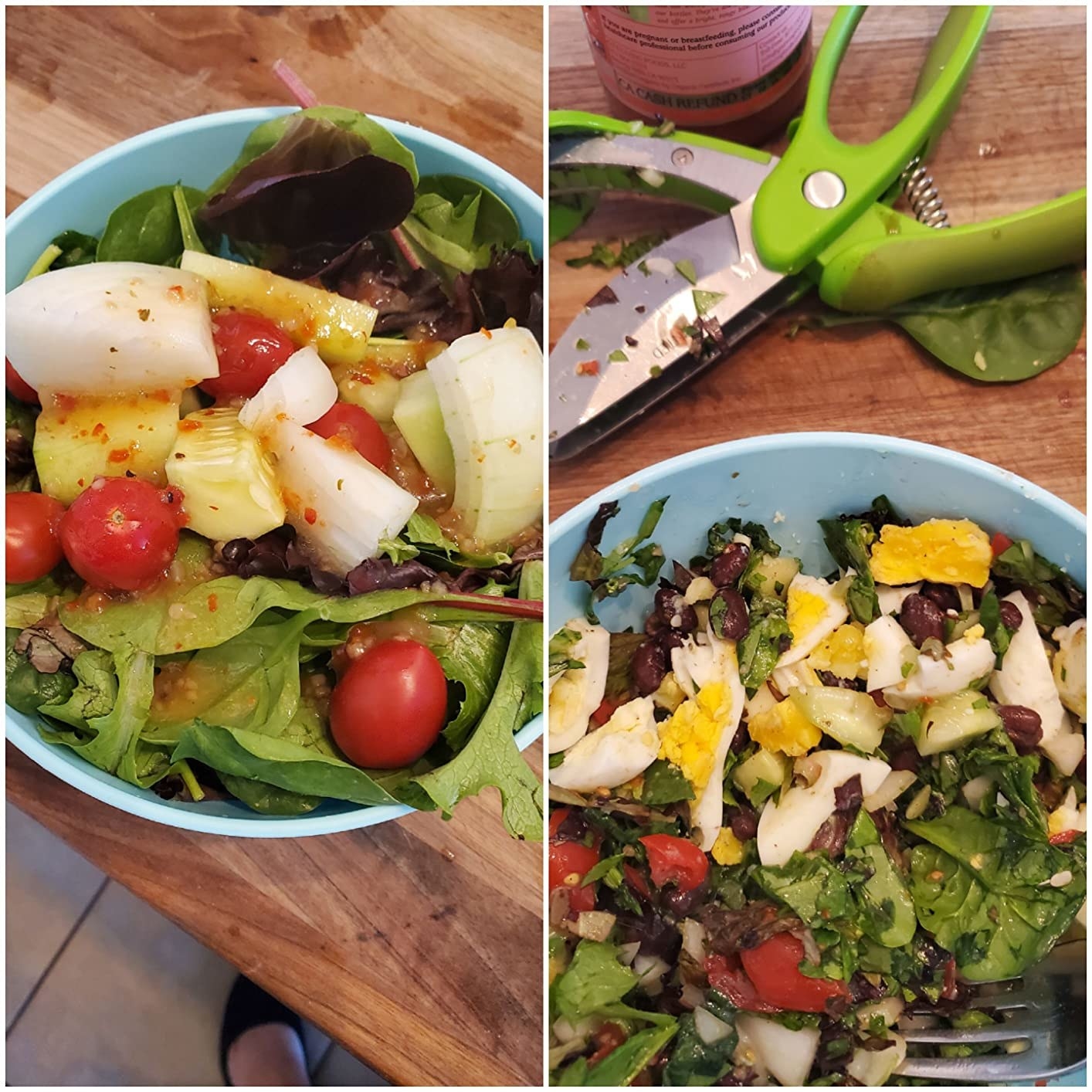 Reviewer&#x27;s photo collage of the salad scissors and a salad made using them