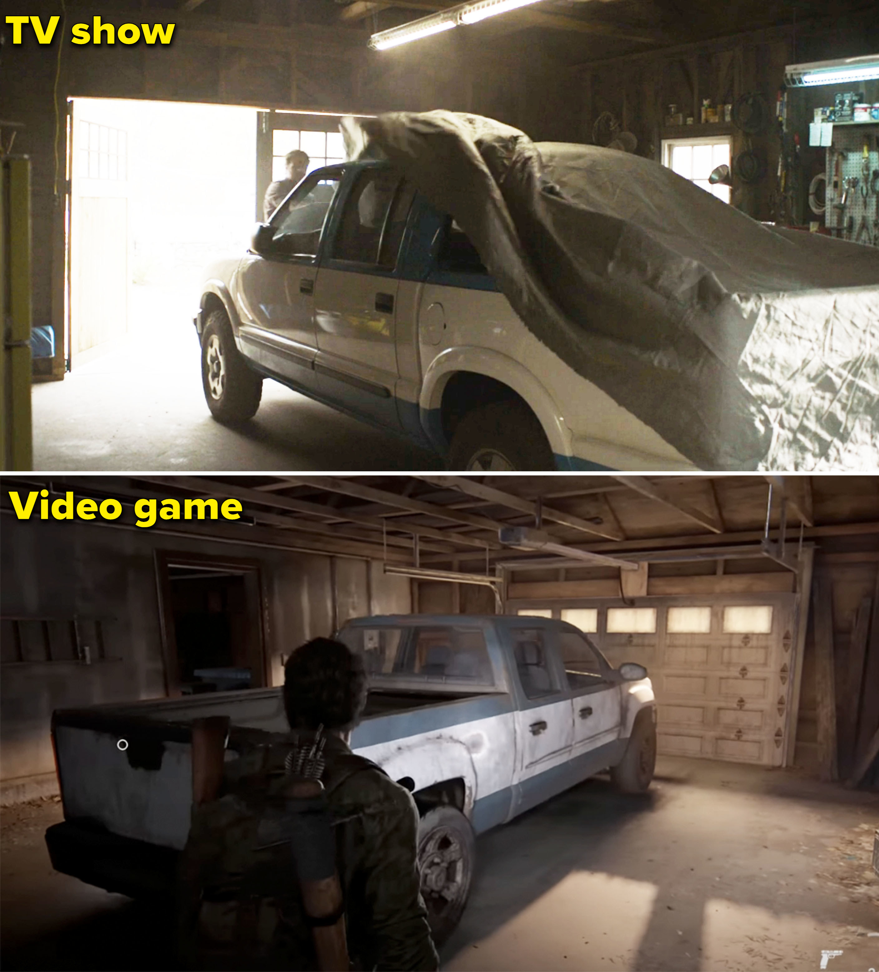 Bill&#x27;s blue and white truck in the show vs game