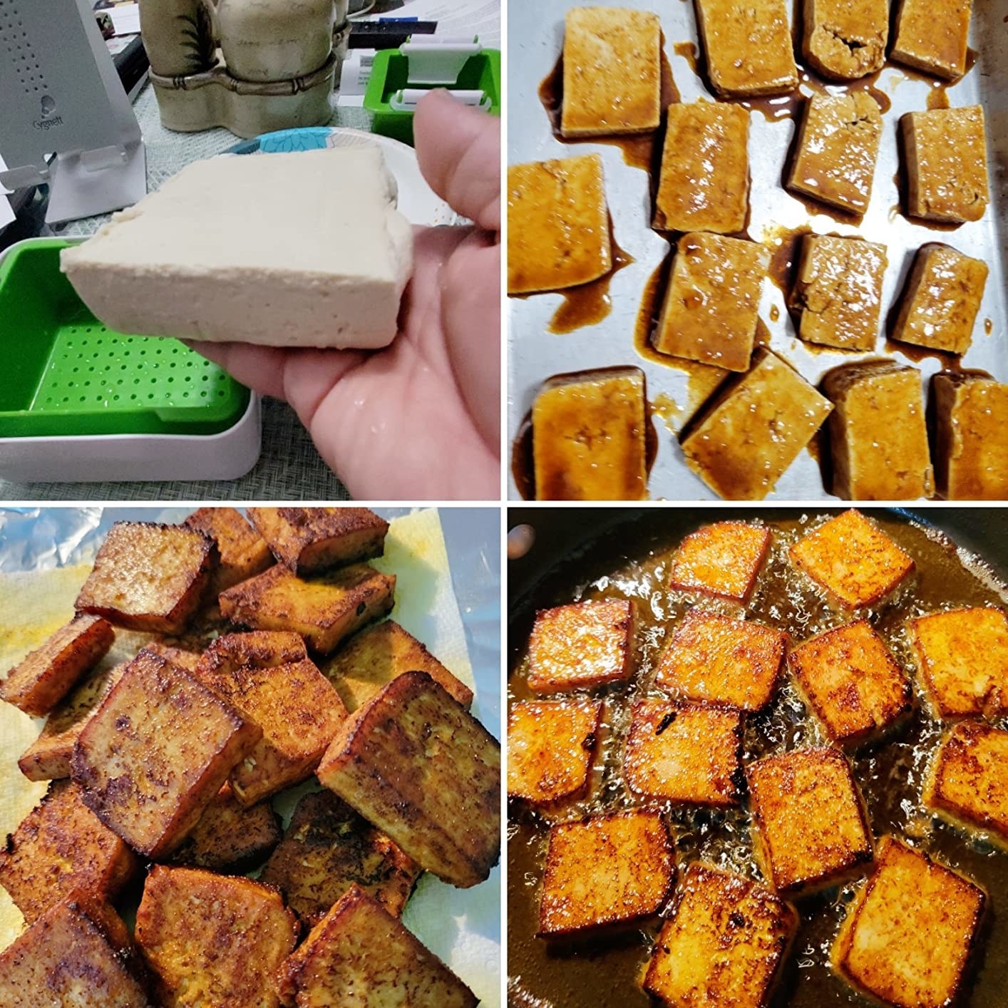 Reviewer&#x27;s photo collage of the tofu press and tofu cooked after using the tofu press