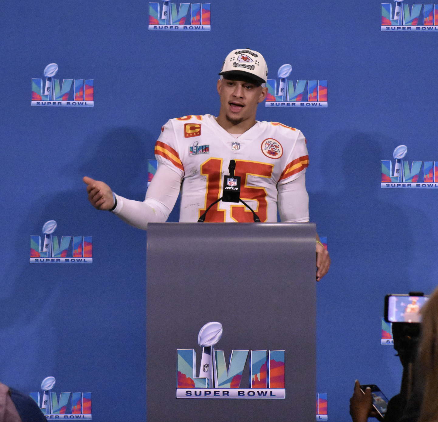 Patrick Mahomes speaks at a press conference