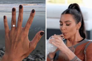 On the left, someone showing off their diamond engagement ring, and on the right, Kim Kardashian drinking a smoothie
