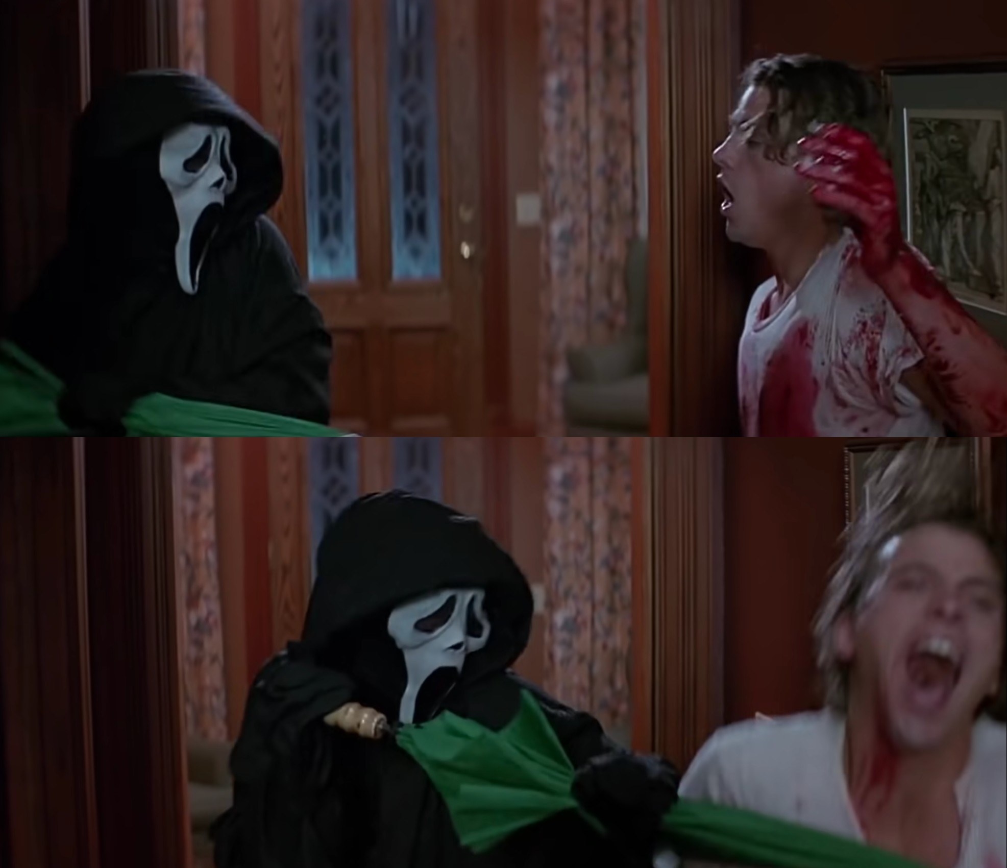 sidney in a ghostface costume stabbing billy with an umbrella in scream