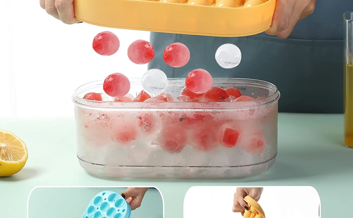 a person pouring the ice cube balls into a container