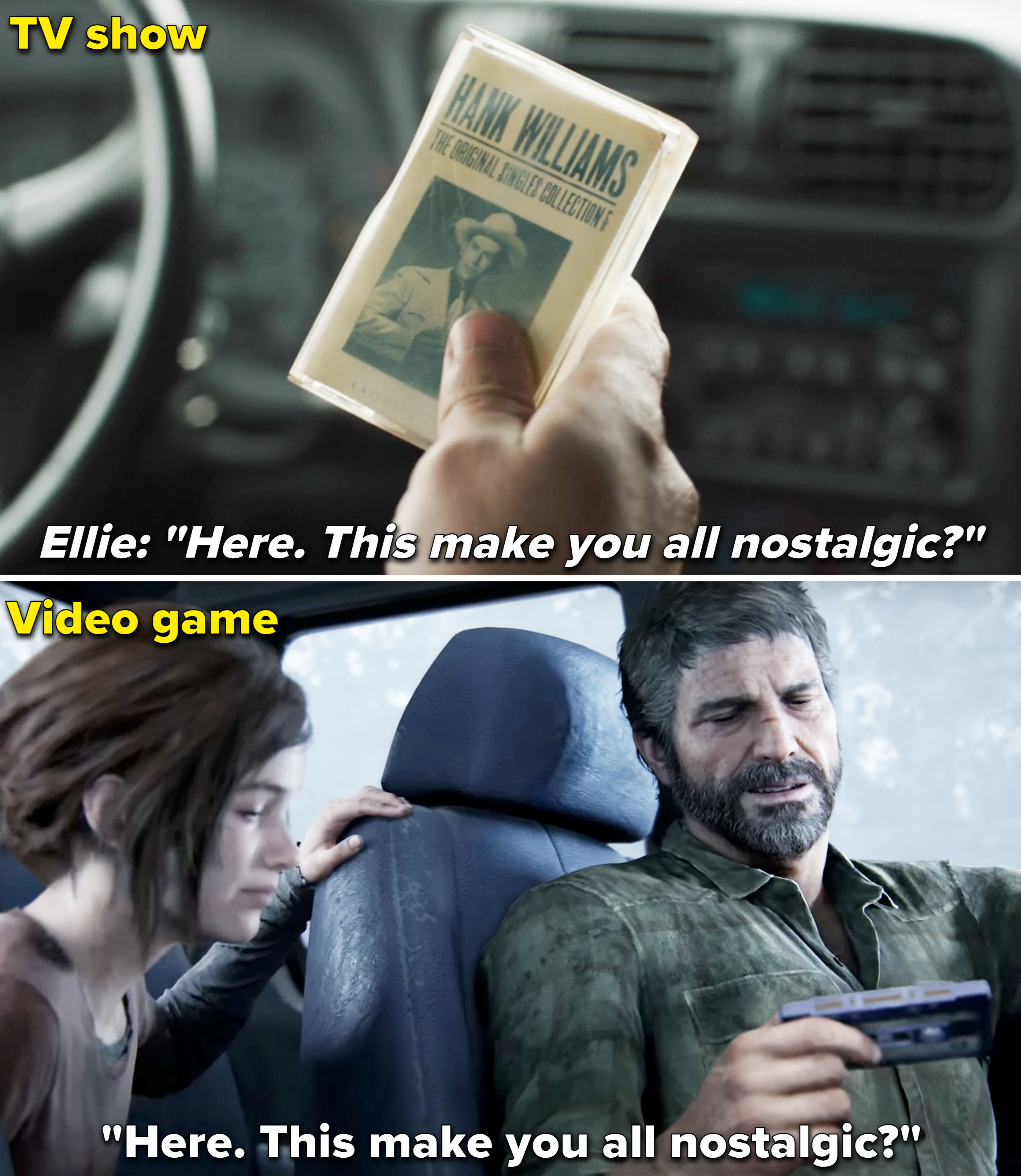 Ellie handing Joel a cassette tape of Hank Williams and asking if it makes him nostalgic in the show vs game