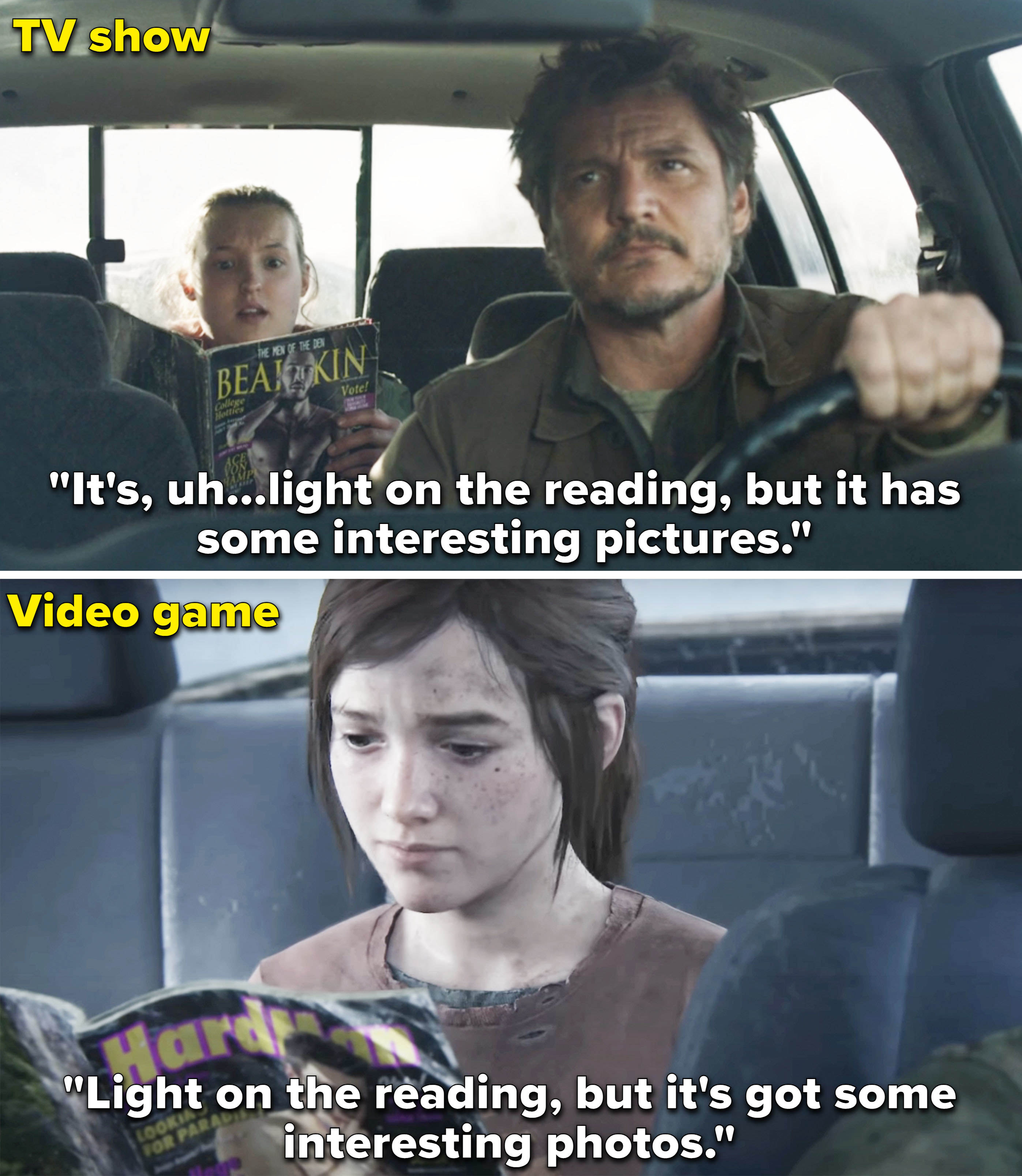 Ellie saying, &quot;Light on the reading, but it&#x27;s got some interesting photos&quot; in both the show and game