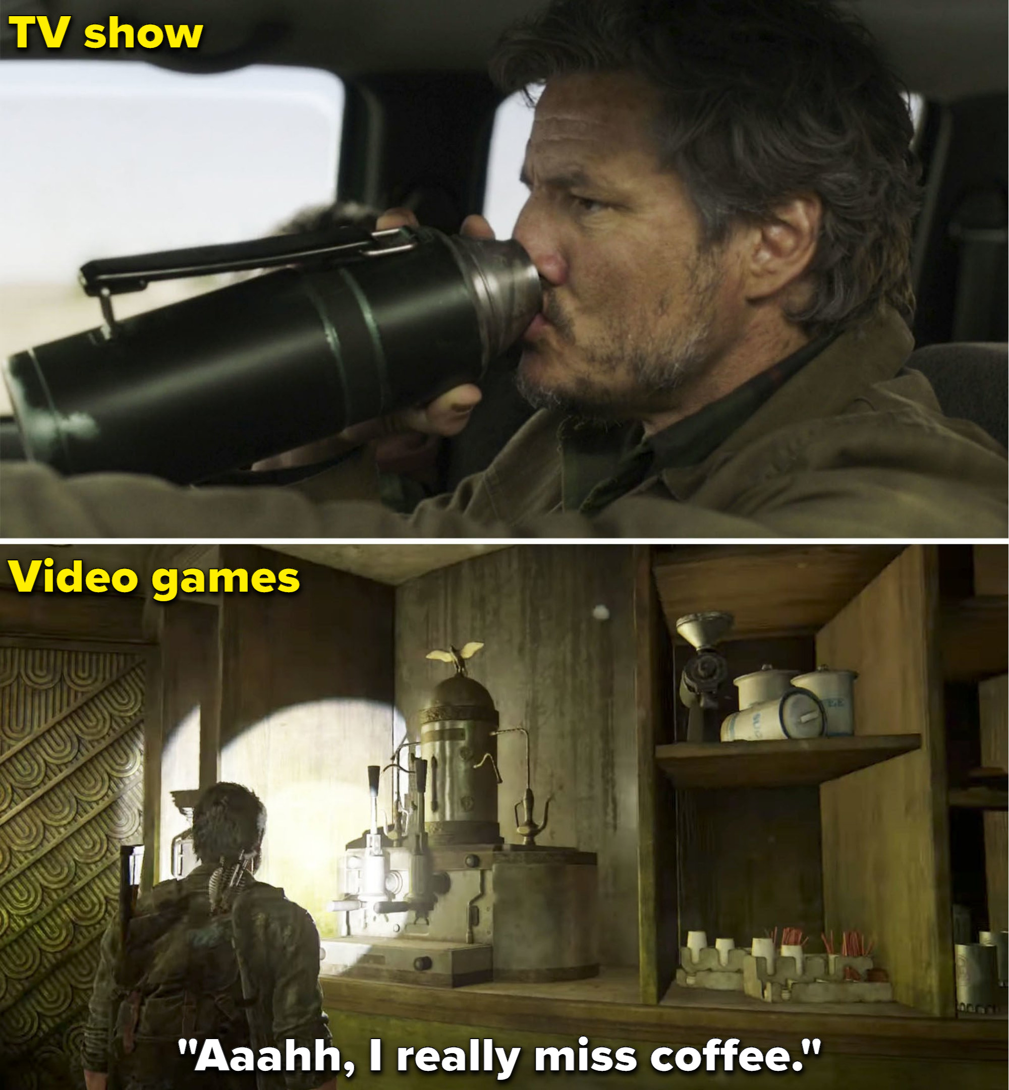 Joel drinking coffee in the show vs Joel saying he misses coffee in the game