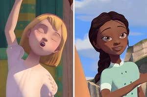 two images: on the left is abigail from "spirit riding free," dancing with her eyes closed, mouth open. on the right is pru, hair in a long braid, relaxed face