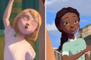 two images: on the left is abigail from "spirit riding free," dancing with her eyes closed, mouth open. on the right is pru, hair in a long braid, relaxed face