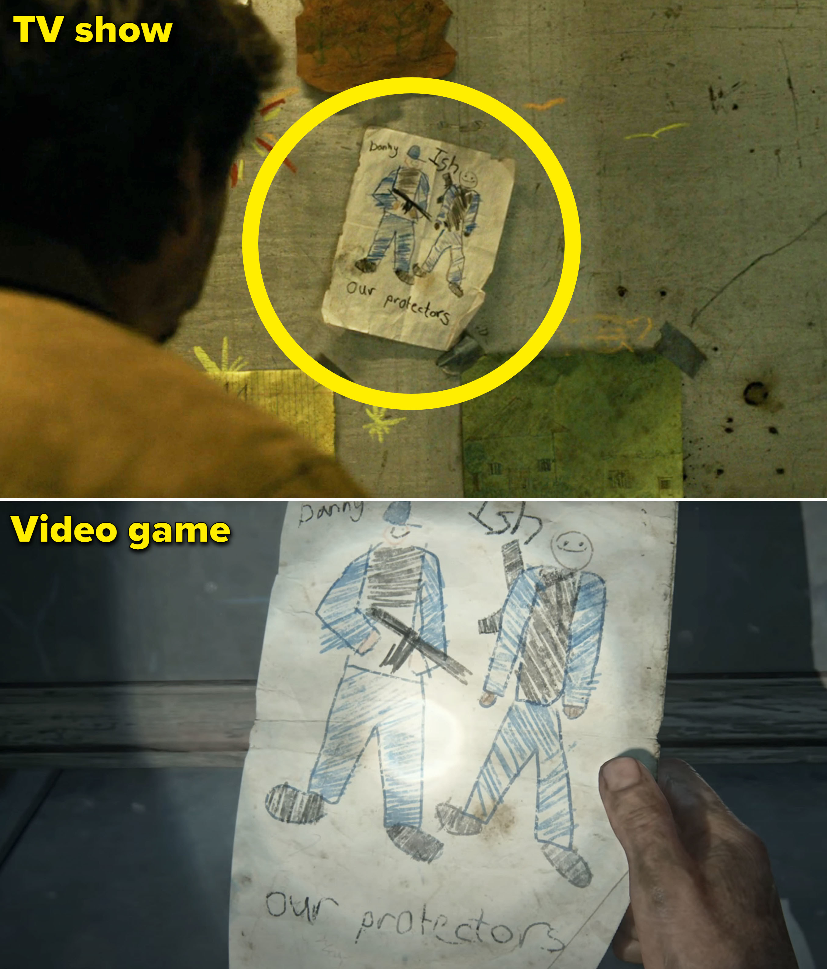 A close-up of a drawing of Ish and Danny that reads, &quot;Our protectors&quot; in the show vs game