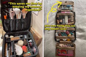 left: reviewer photo of interior of makeup bag. right: reviewer photo of hanging Bagsmart makeup bag.
